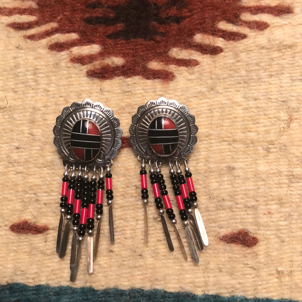 Red and onyx Native American earrings